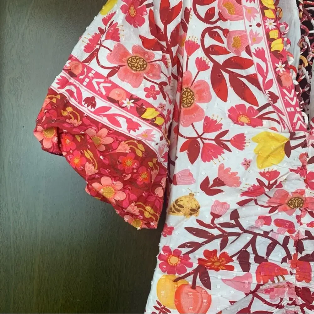 Farm Rio size XS romantic orchard tiered midi dress pink red white - Picture 9 of 15